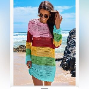 Anrabess XL NWOT RAINBOW COLORED Striped Crochet Beach Cover-Up